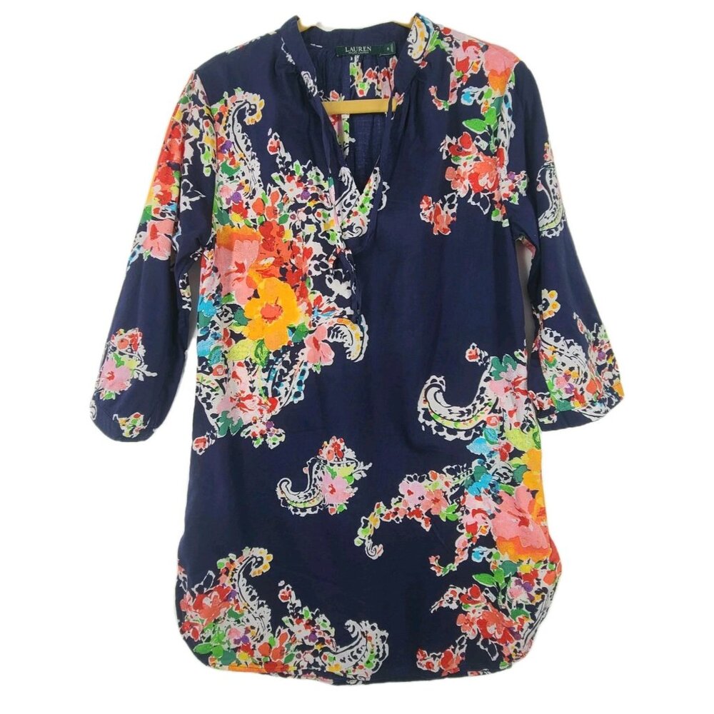 Lauren Ralph Lauren Poplin Tunic Coverup Size Small S Blue Floral  Shirt Dress